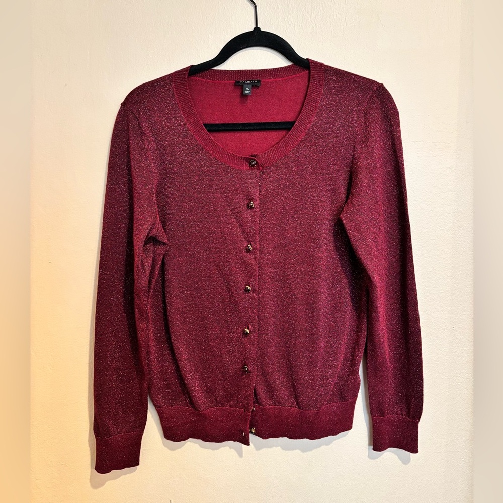 Talbots Sparkly Burgundy Jeweled Button Up Lightweight Cardigan Petite Med.